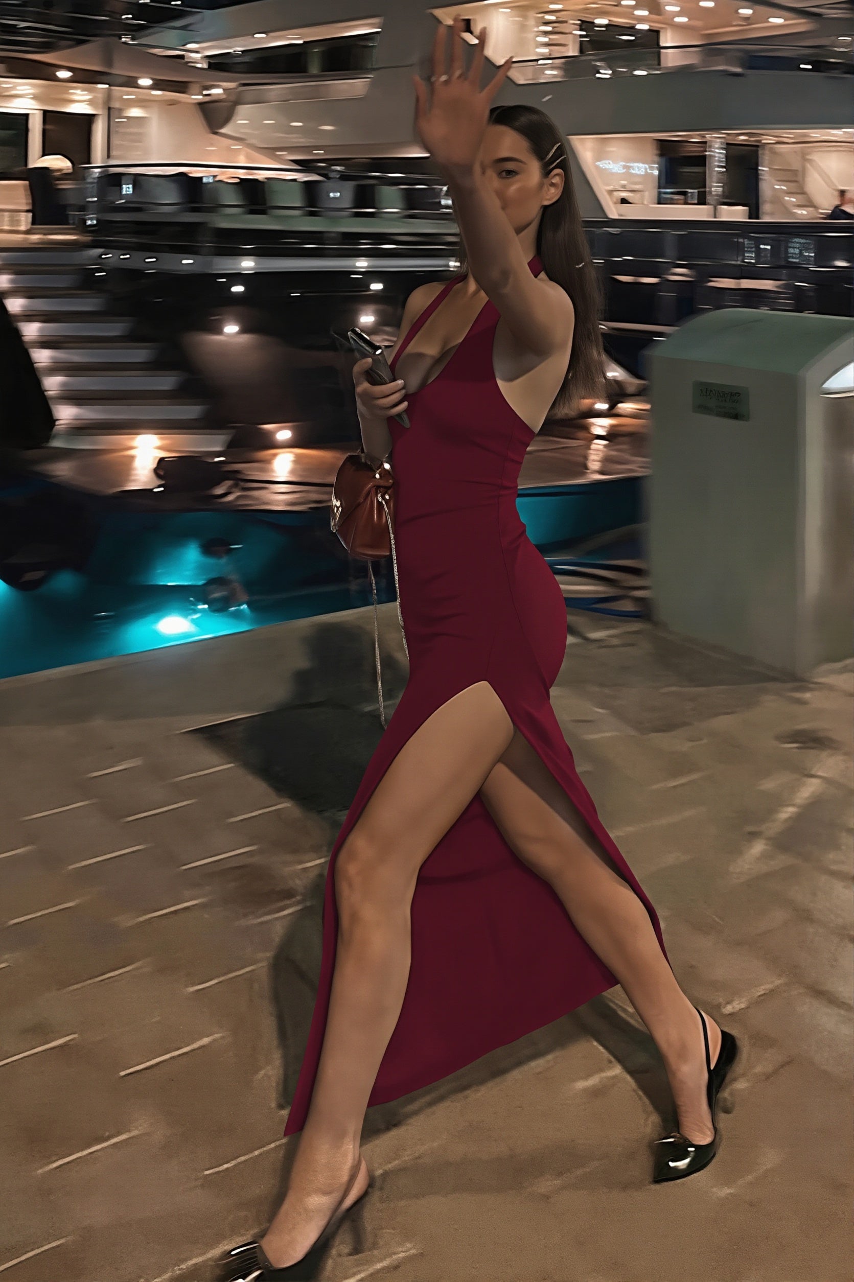 Velvet Tie Halter Neck Waist Cinched Split Dress - Image 5