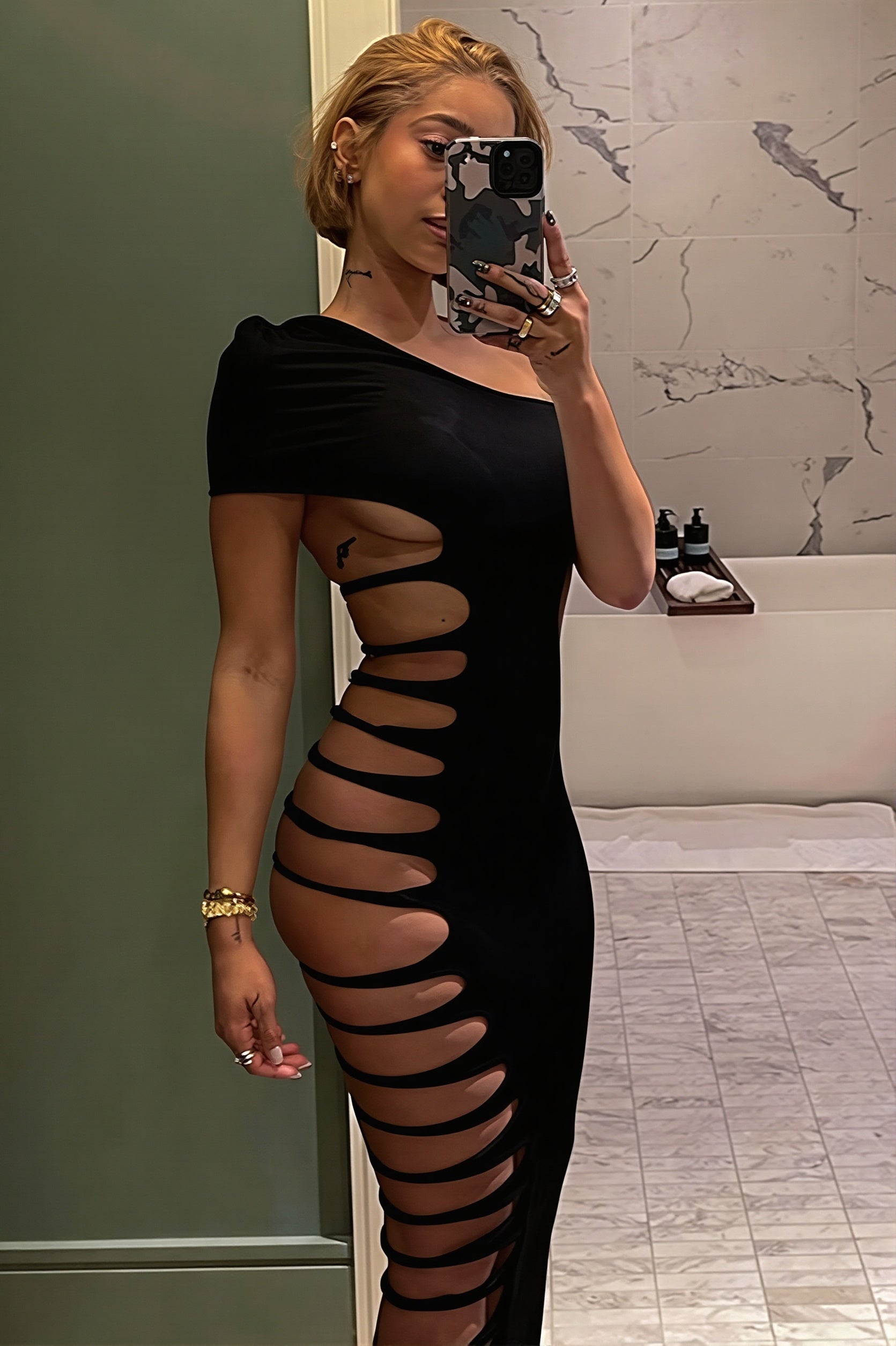 Sculpted One Shoulder Sleeveless Side Cutout Bodycon Dress