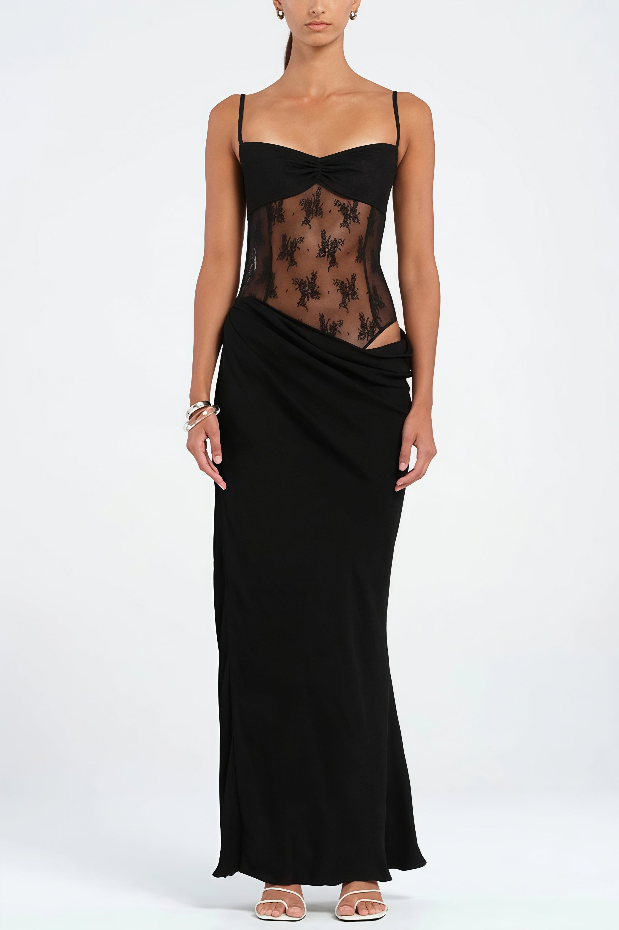Draped Solid Lace Splice Bodycon Maxi Dress - Image 10