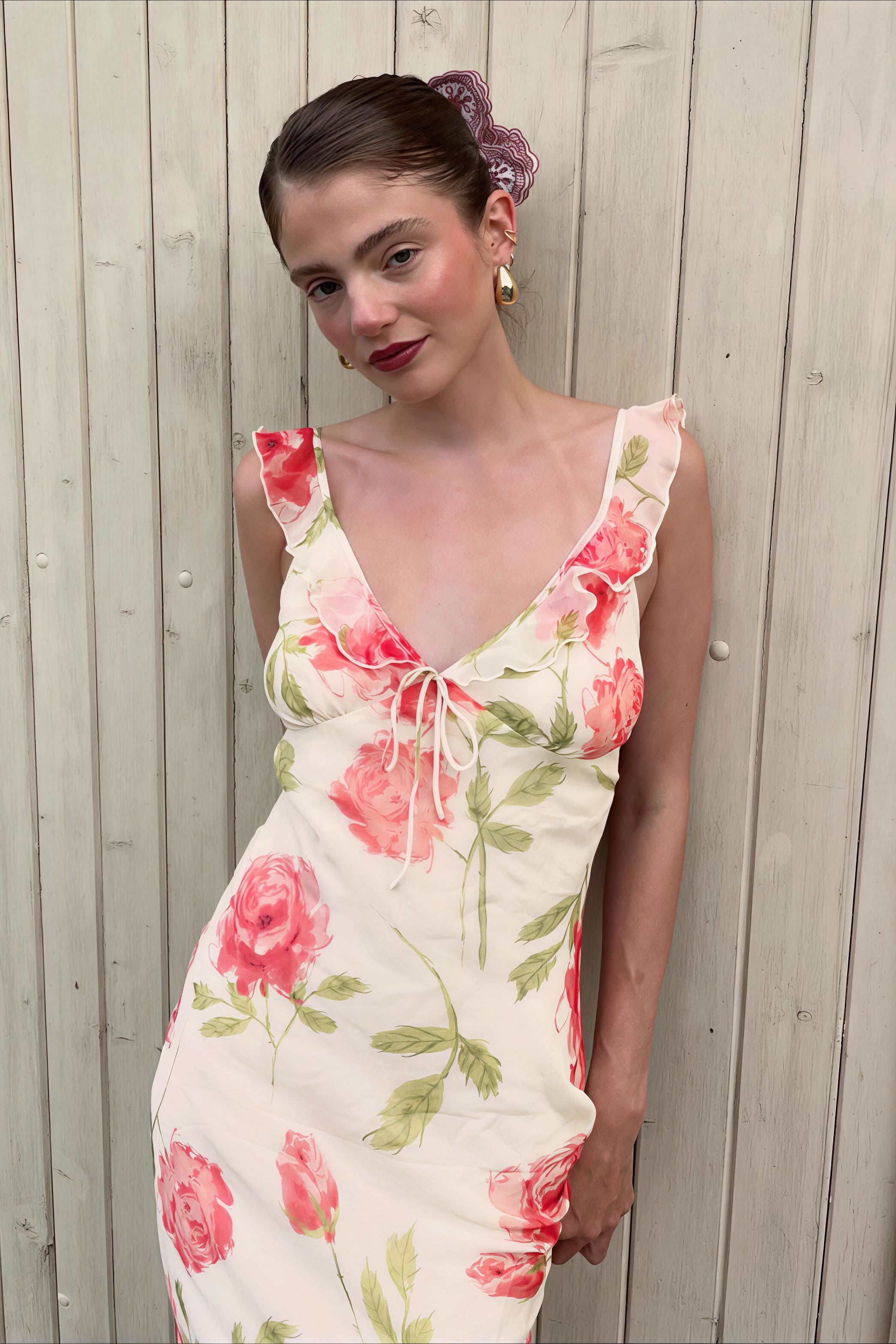 Floral Print Mesh V Neck Cami Midi Dress