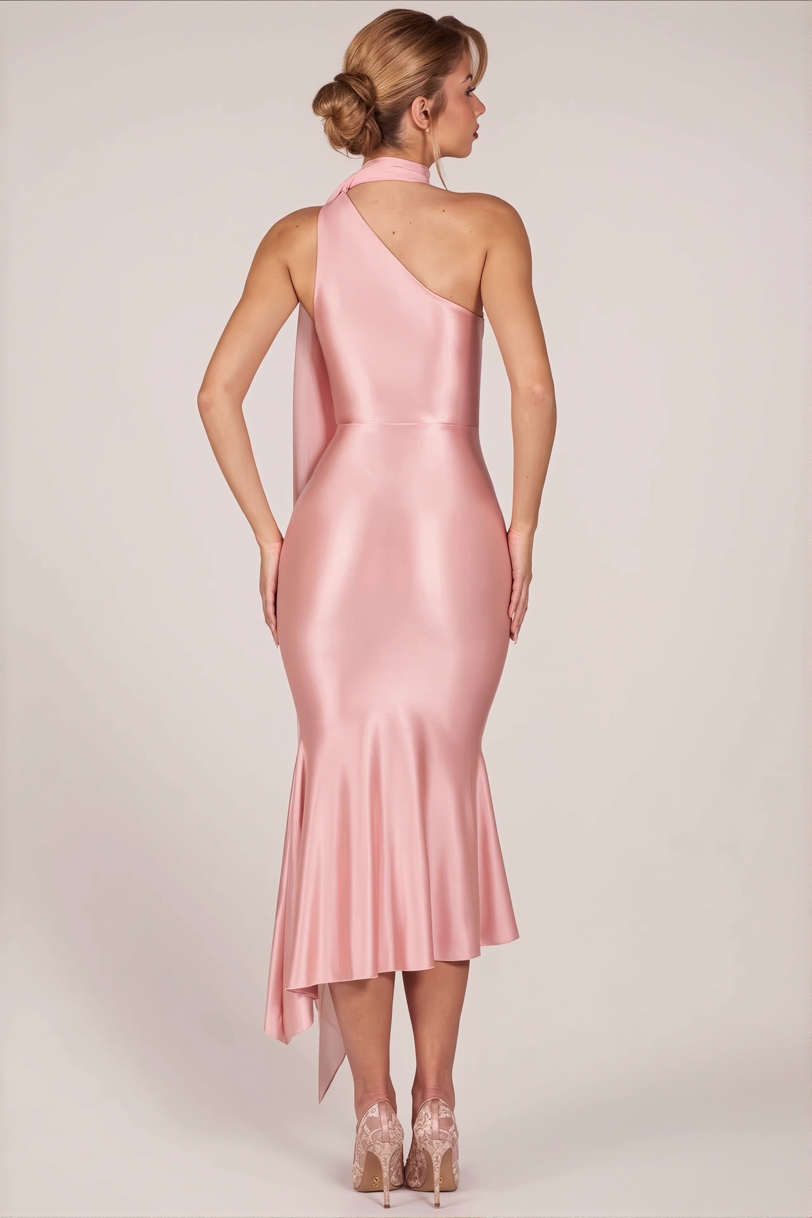 Midnight One Shoulder Mesh Satin Maxi Dress - Image 3