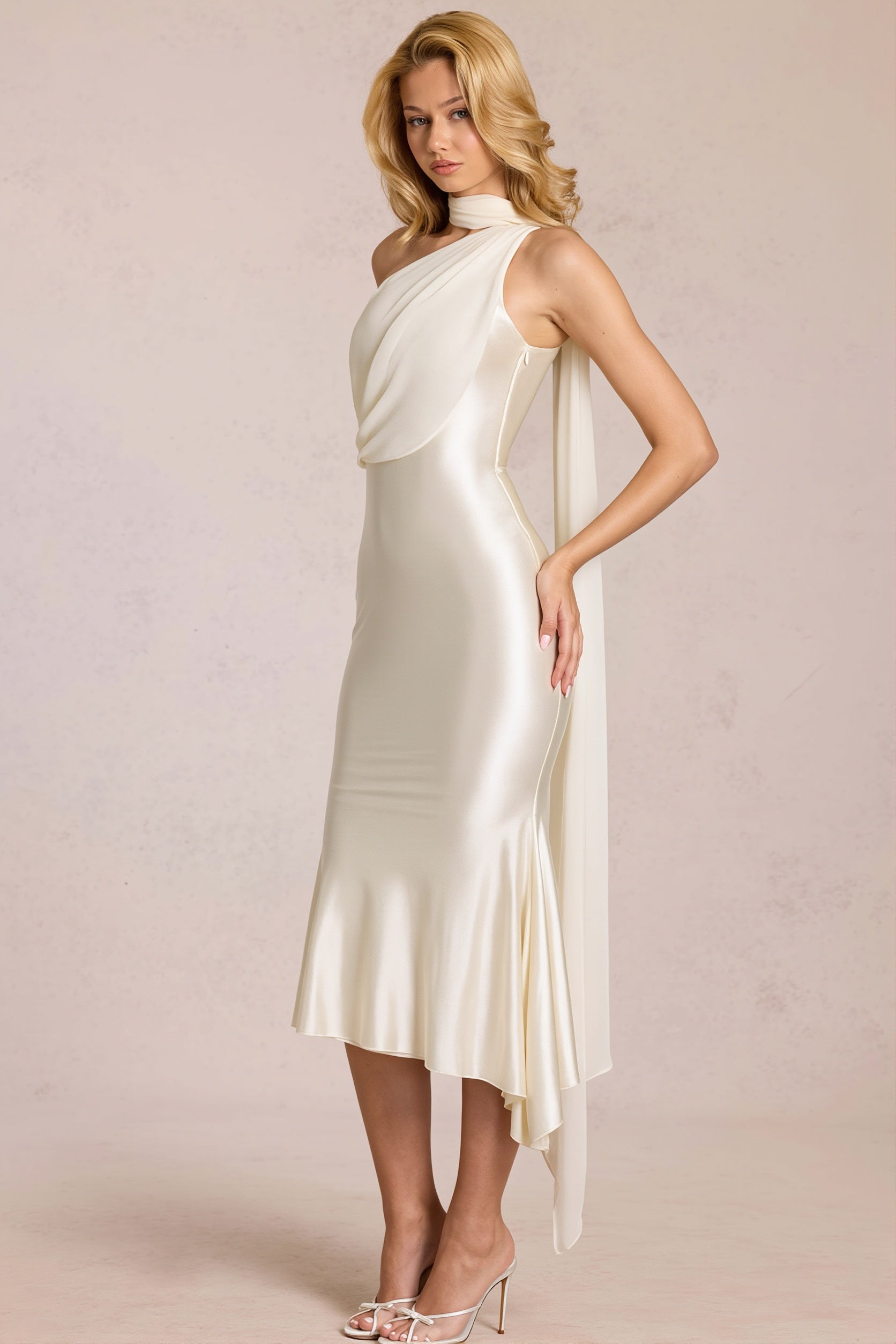 Midnight One Shoulder Mesh Satin Maxi Dress - Image 7