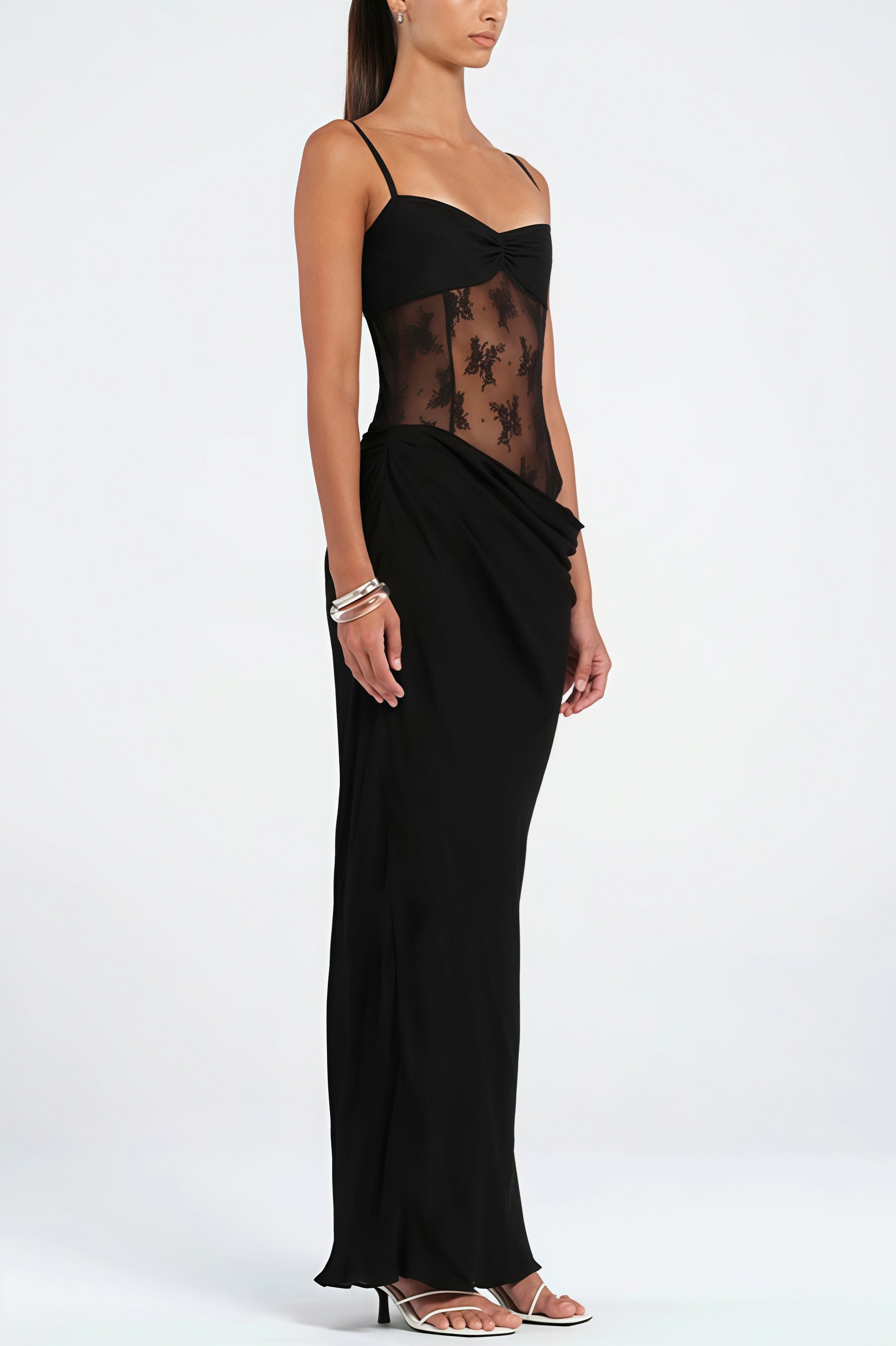 Draped Solid Lace Splice Bodycon Maxi Dress - Image 11