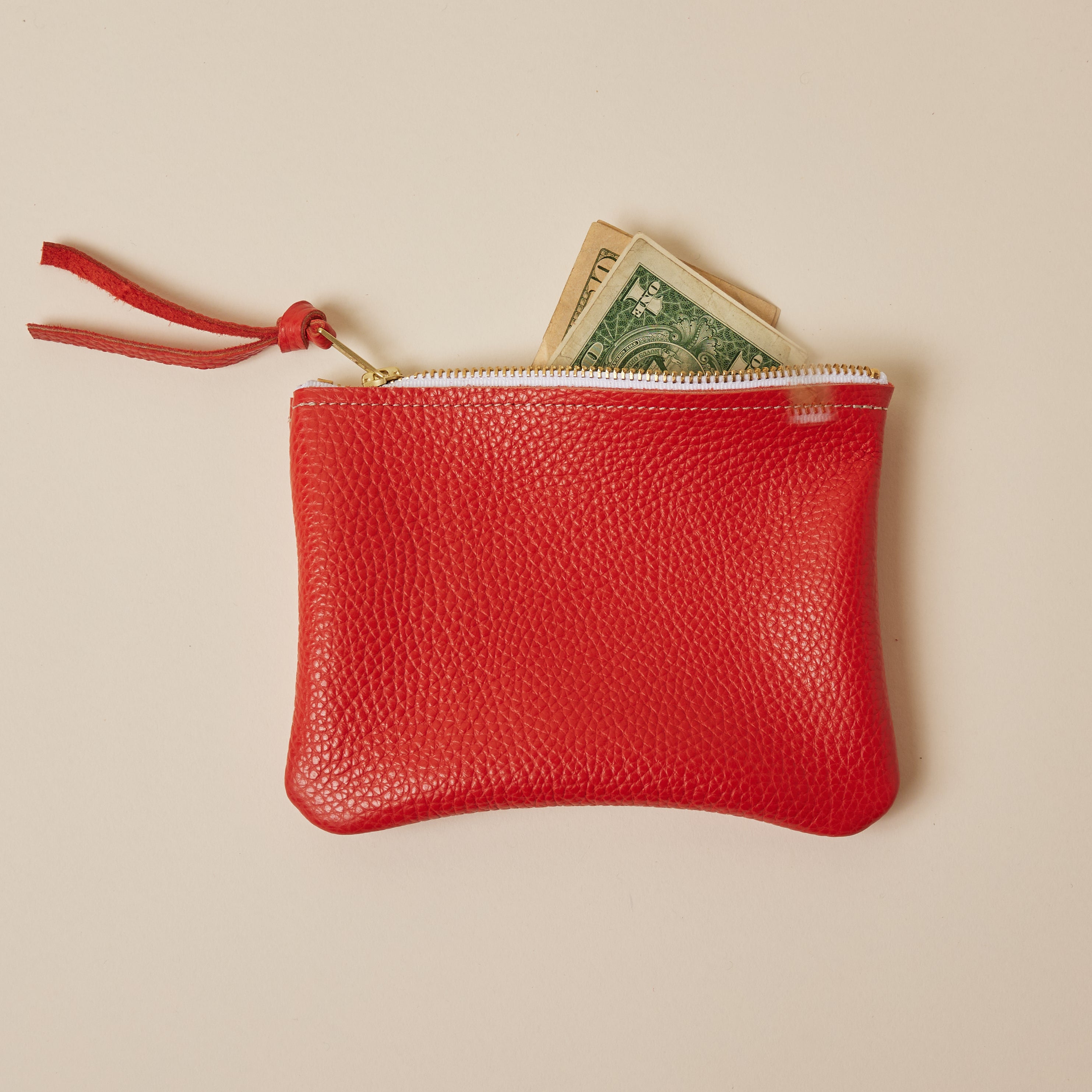 Coral Orange Leather Zip Everyday Pouch
