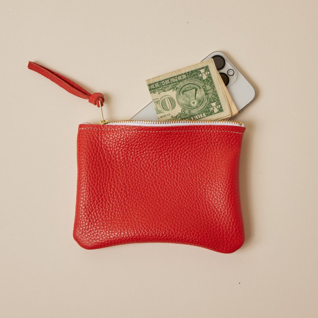 Coral Orange Leather Zip Everyday Pouch