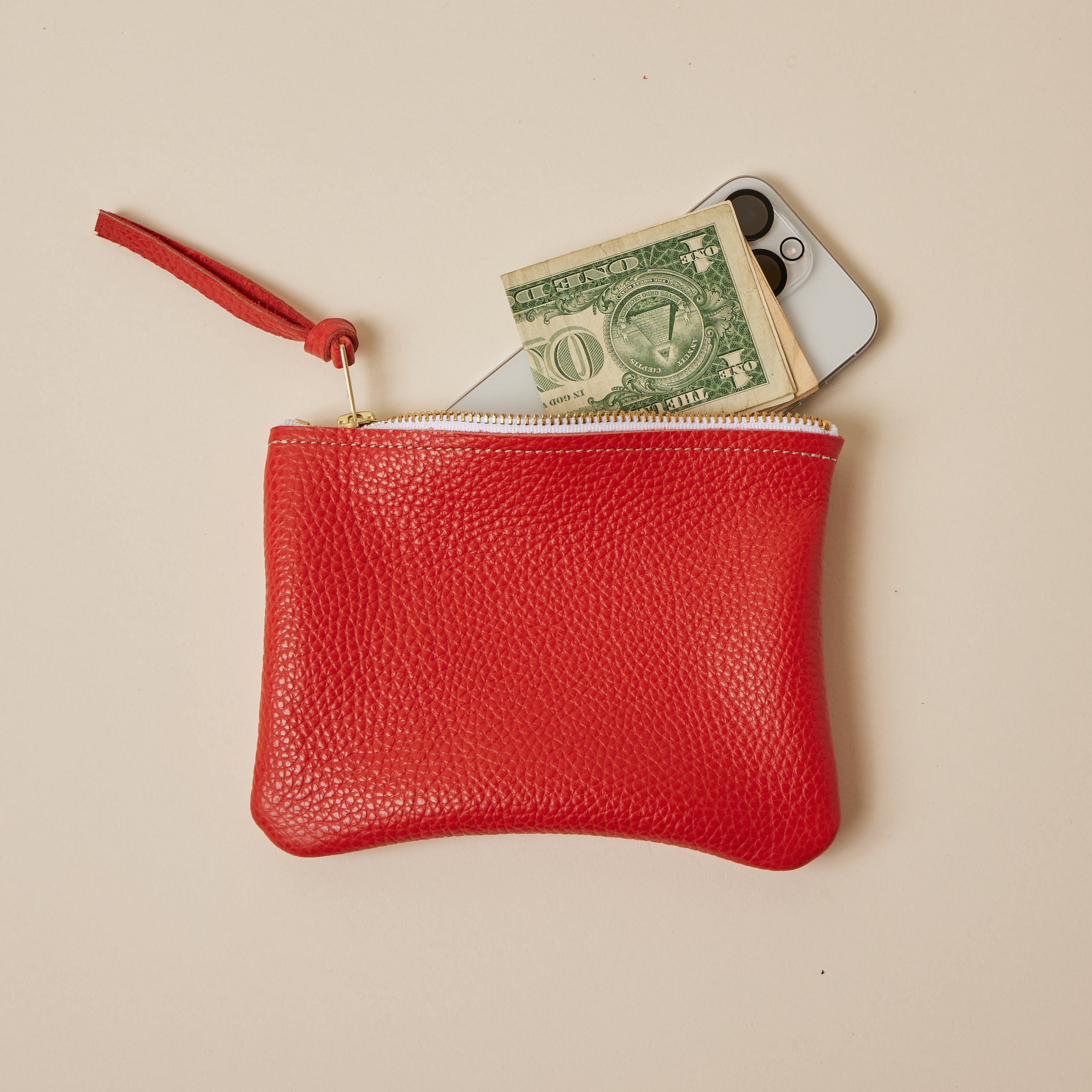 Coral Orange Leather Zip Everyday Pouch