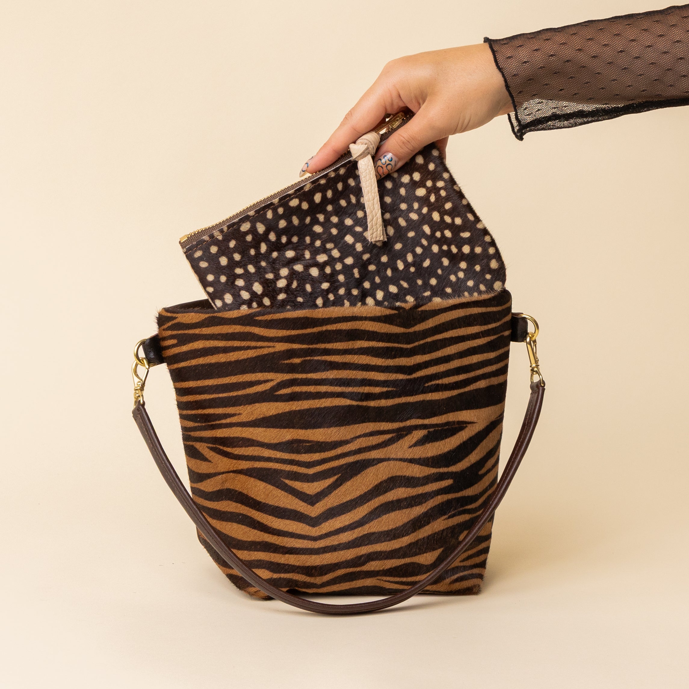 Speckled Brown and Ivory Leather Zip Everyday Pouch