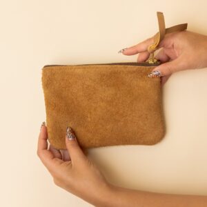 Camel Tan and Pale Blue Leather Zip Everyday Pouch
