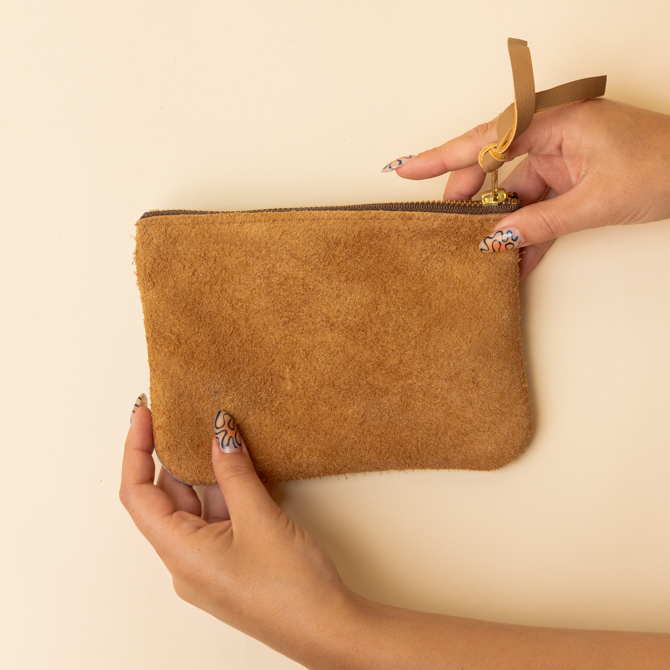 Camel Tan and Pale Blue Leather Zip Everyday Pouch