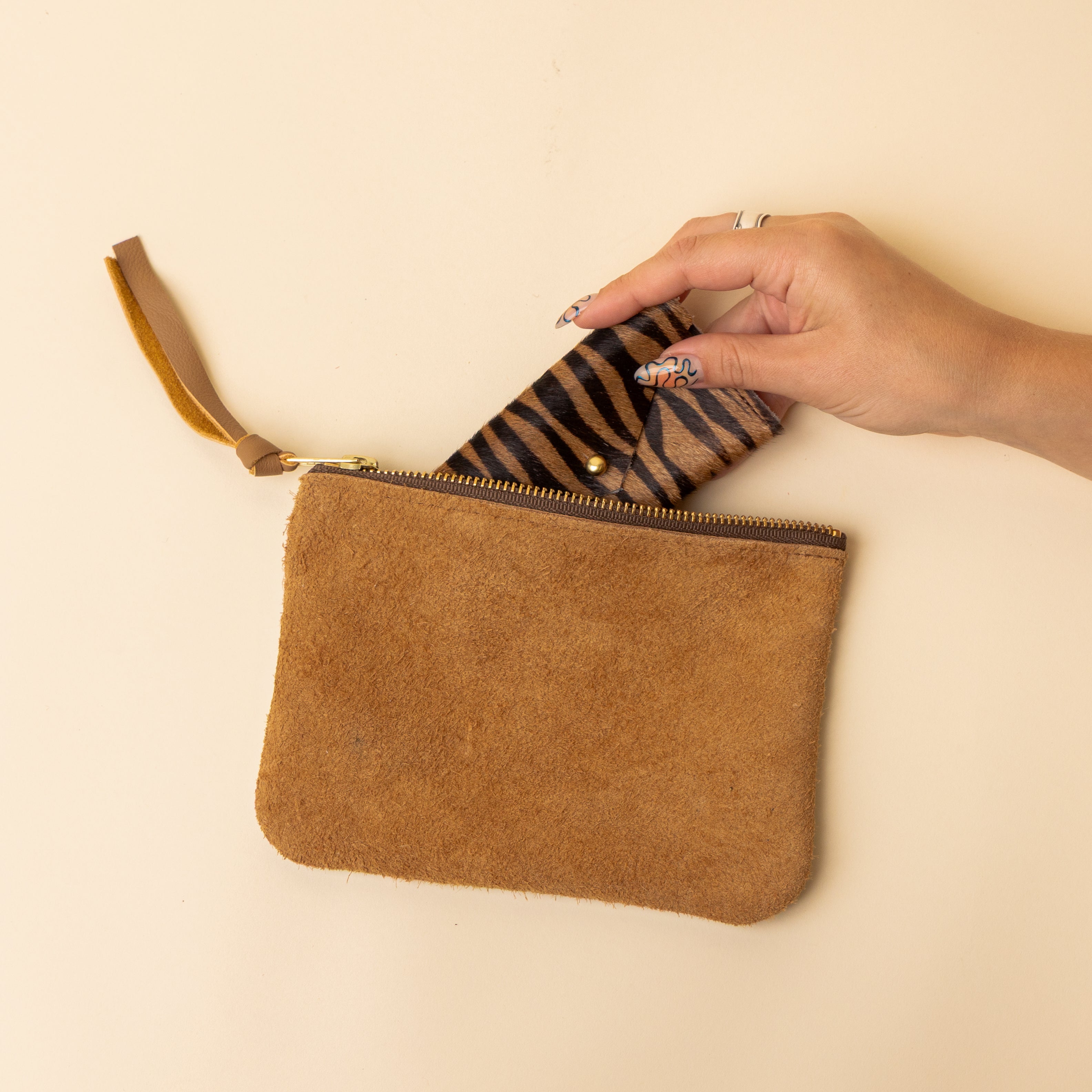 Camel Tan and Pale Blue Leather Zip Everyday Pouch