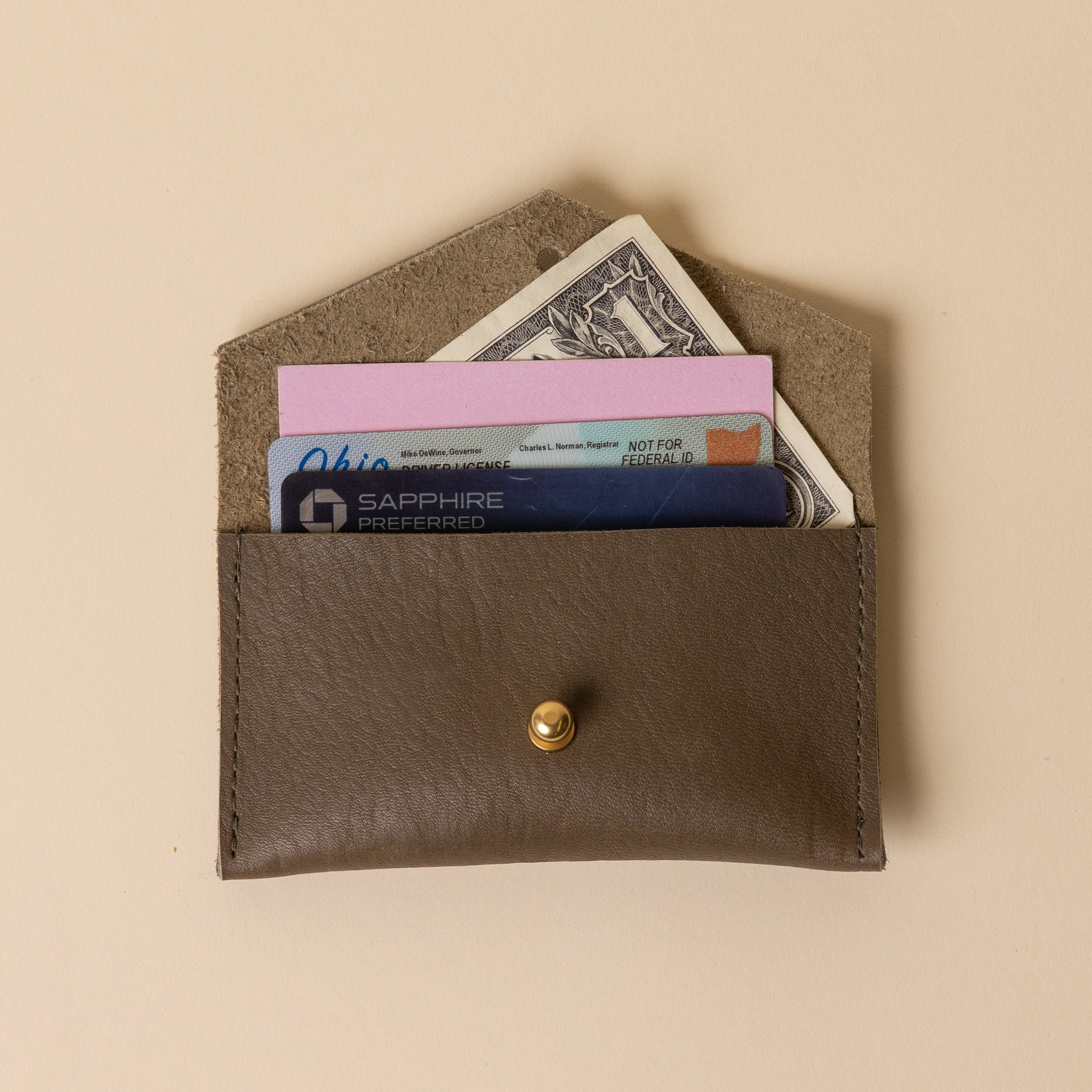 Olive Green Leather Compact Snap Card Holder