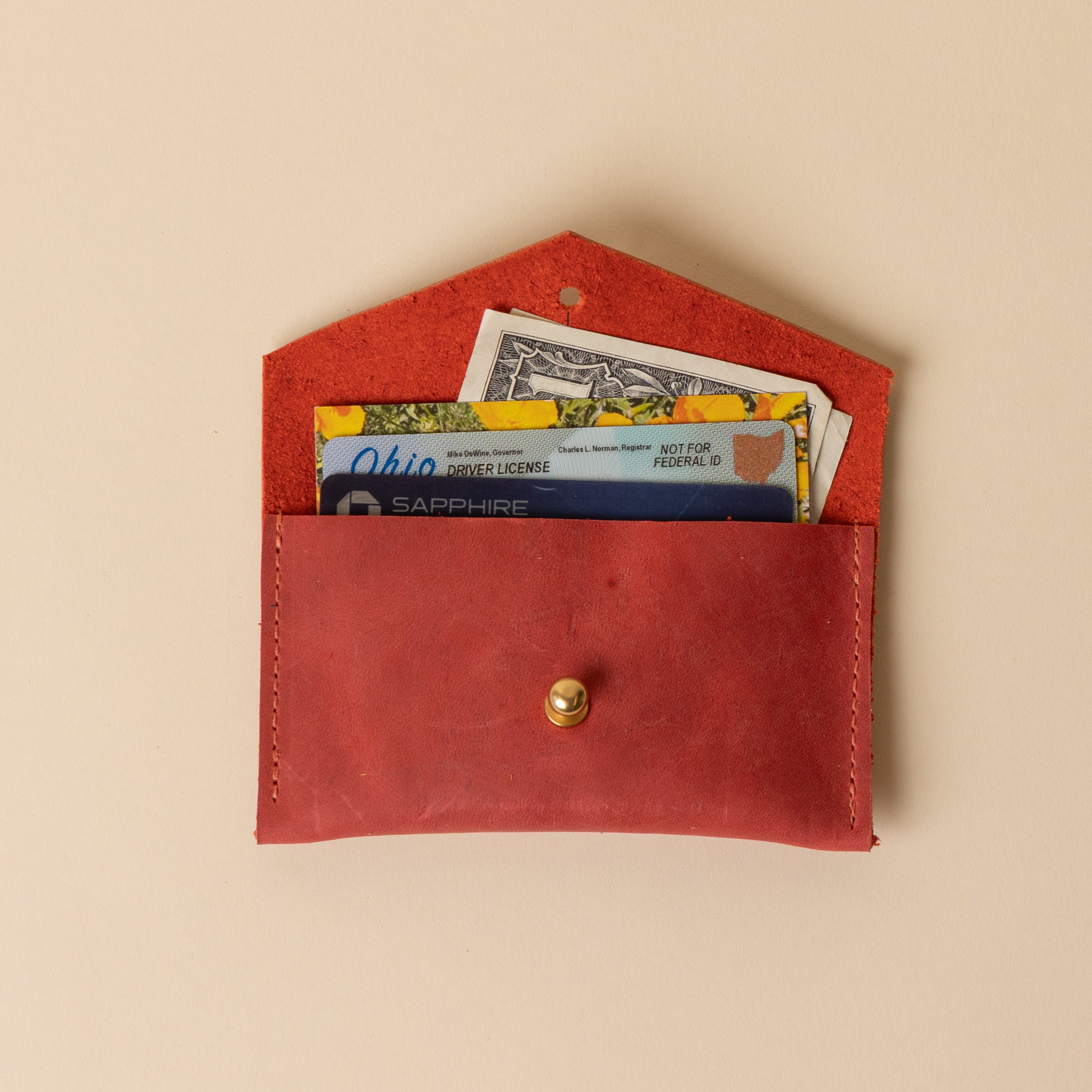 Deep Red Leather Compact Snap Card Holder