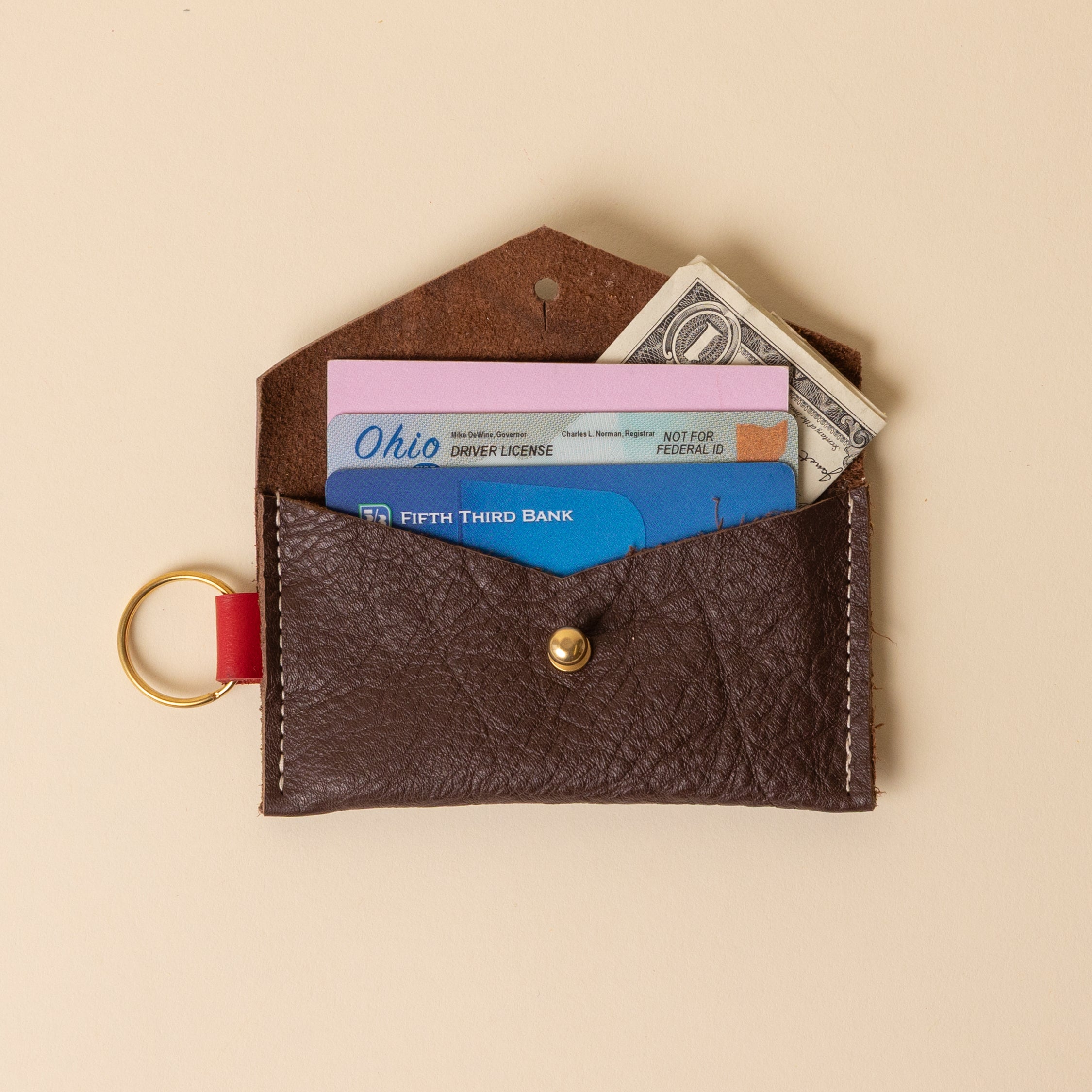 Mahogany Brown and Cardinal Red Leather Keyring Card Holder