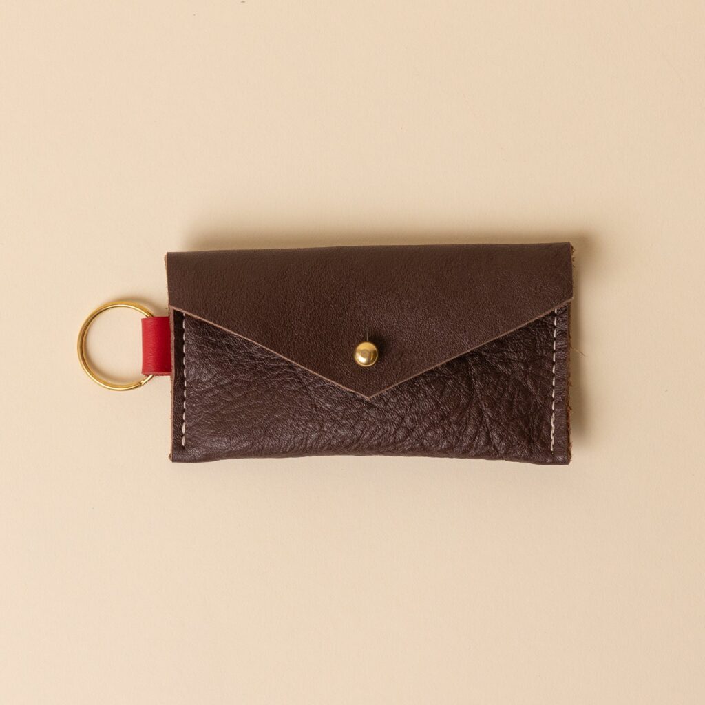 Mahogany Brown and Cardinal Red Leather Keyring Card Holder