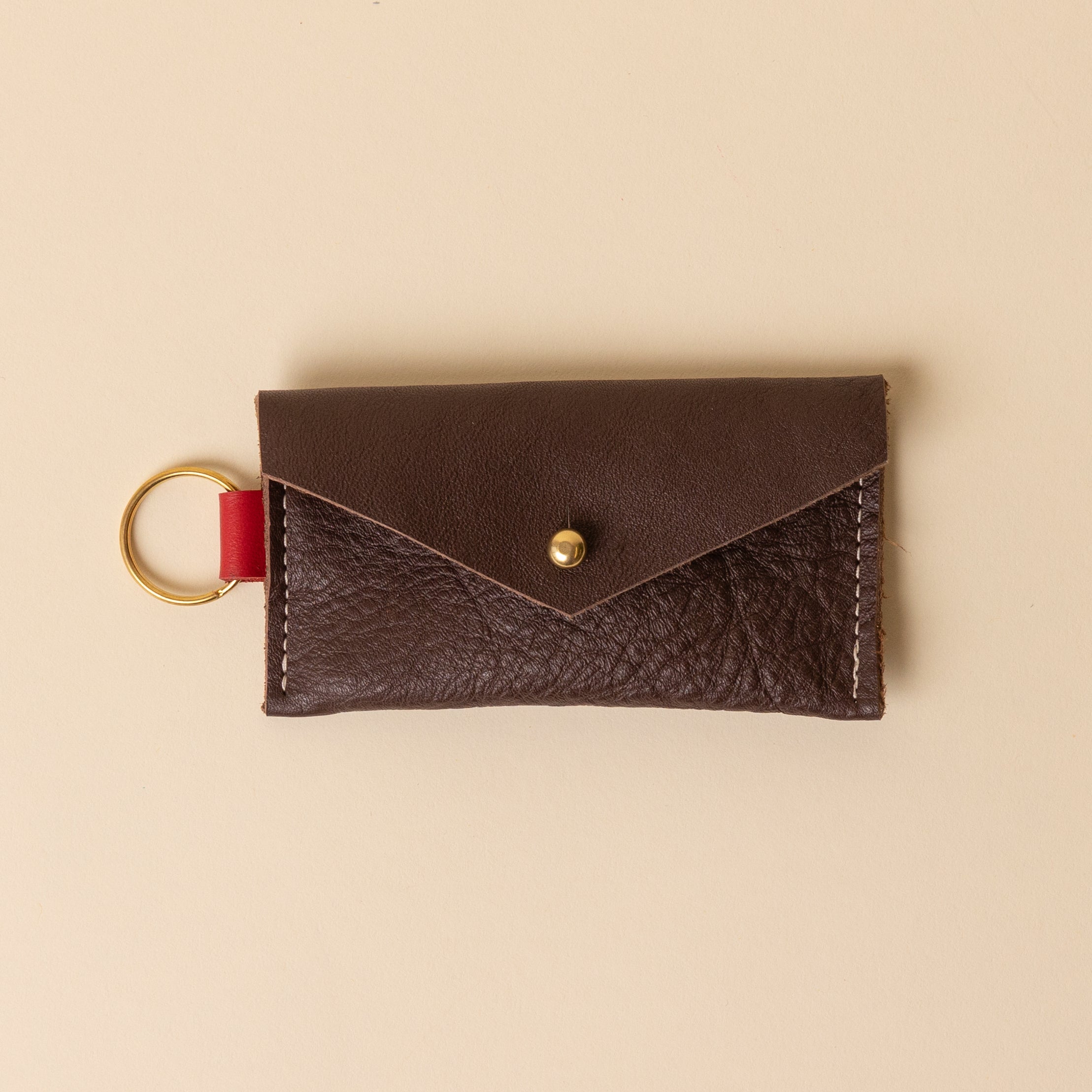 Mahogany Brown and Cardinal Red Leather Keyring Card Holder