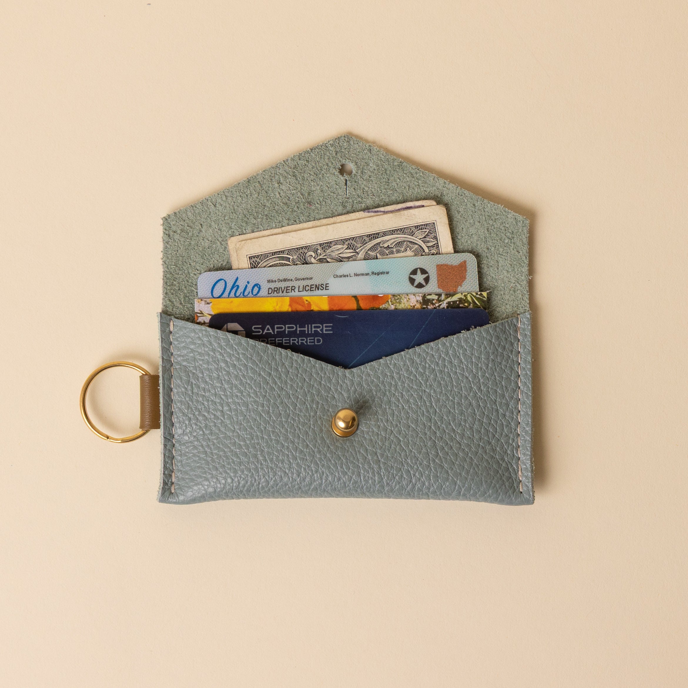 Soft White and Olive Green Leather Keyring Card Holder