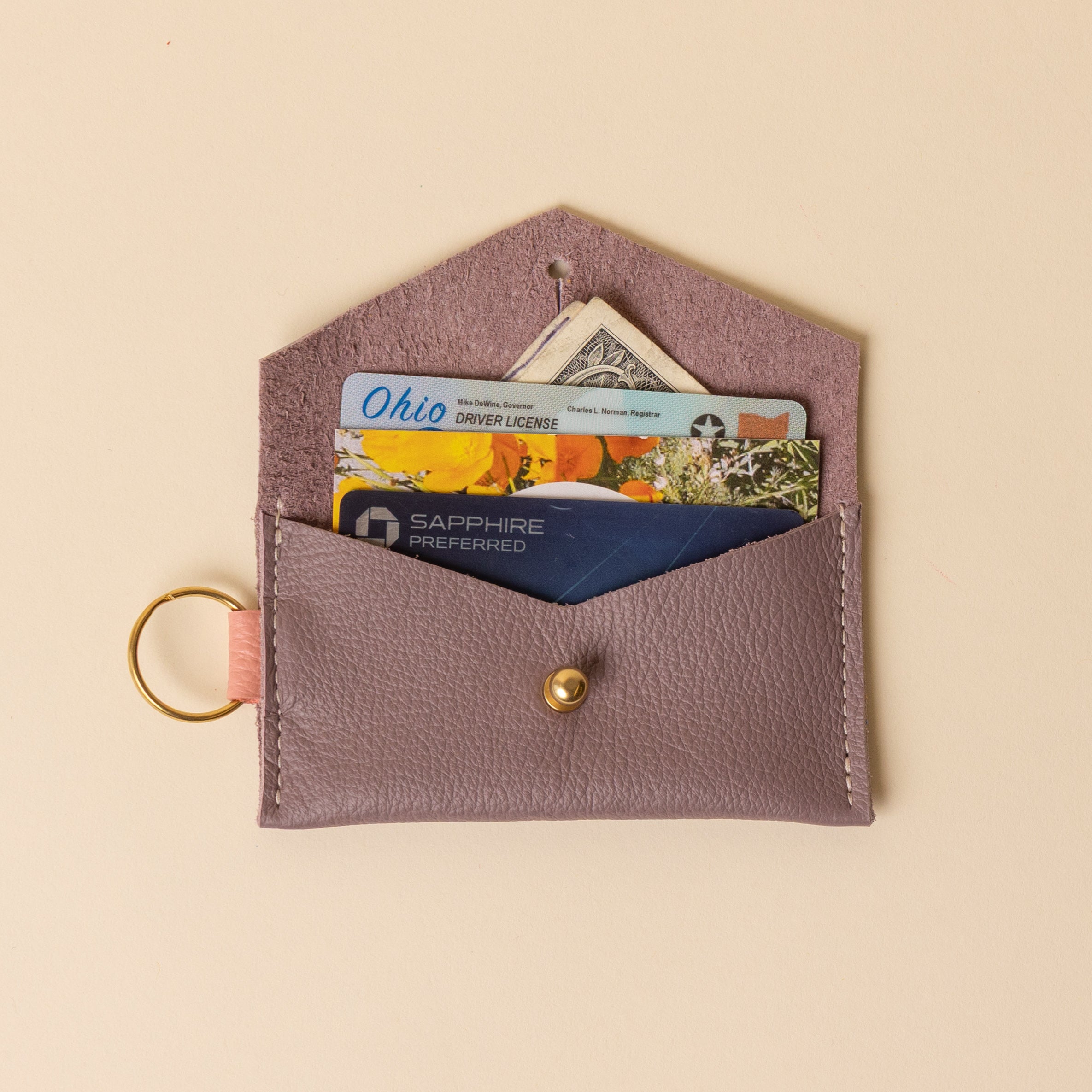 Mauve and Salmon Pink Leather Keyring Card Holder