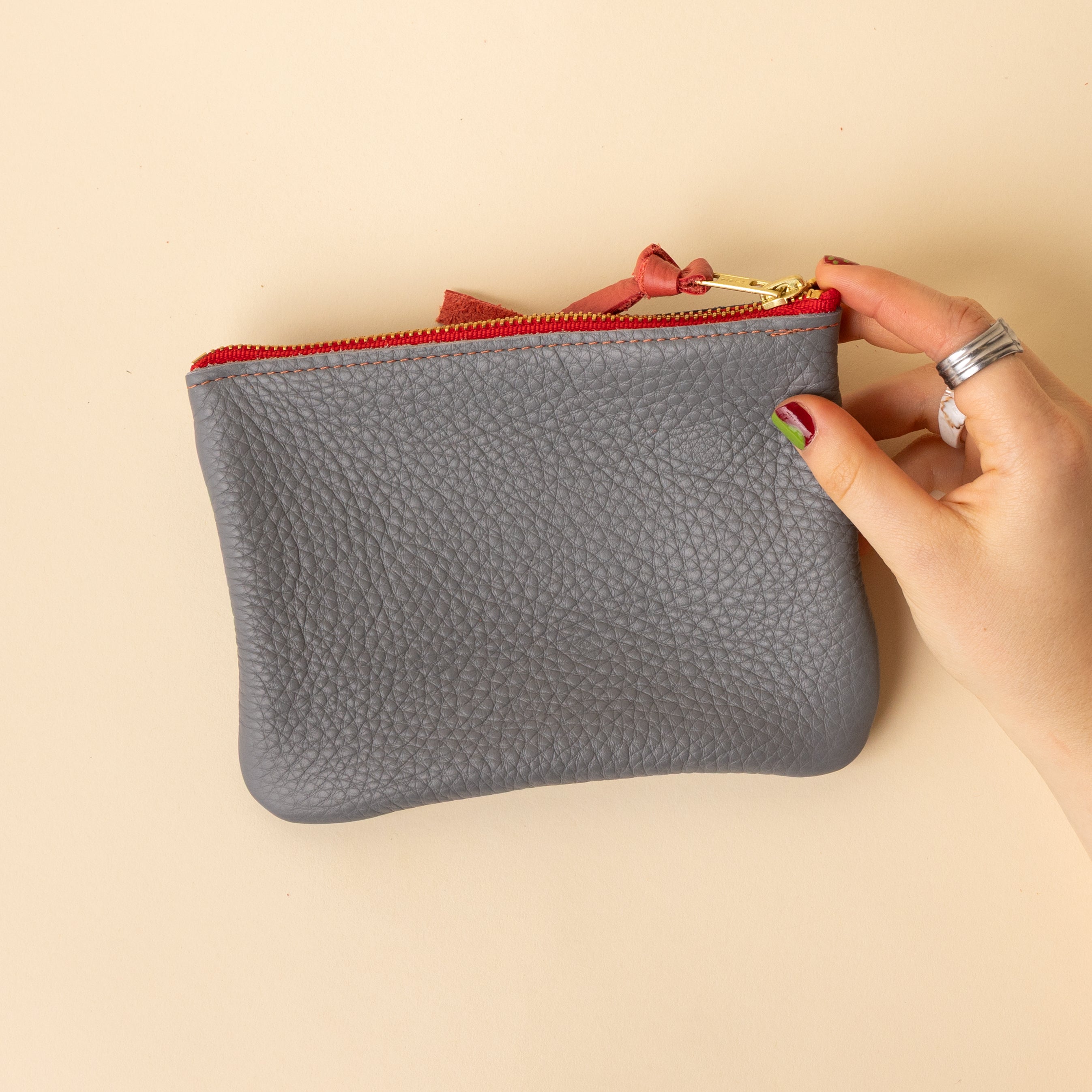Soft Grey and Forest Green Leather Zip Everyday Pouch