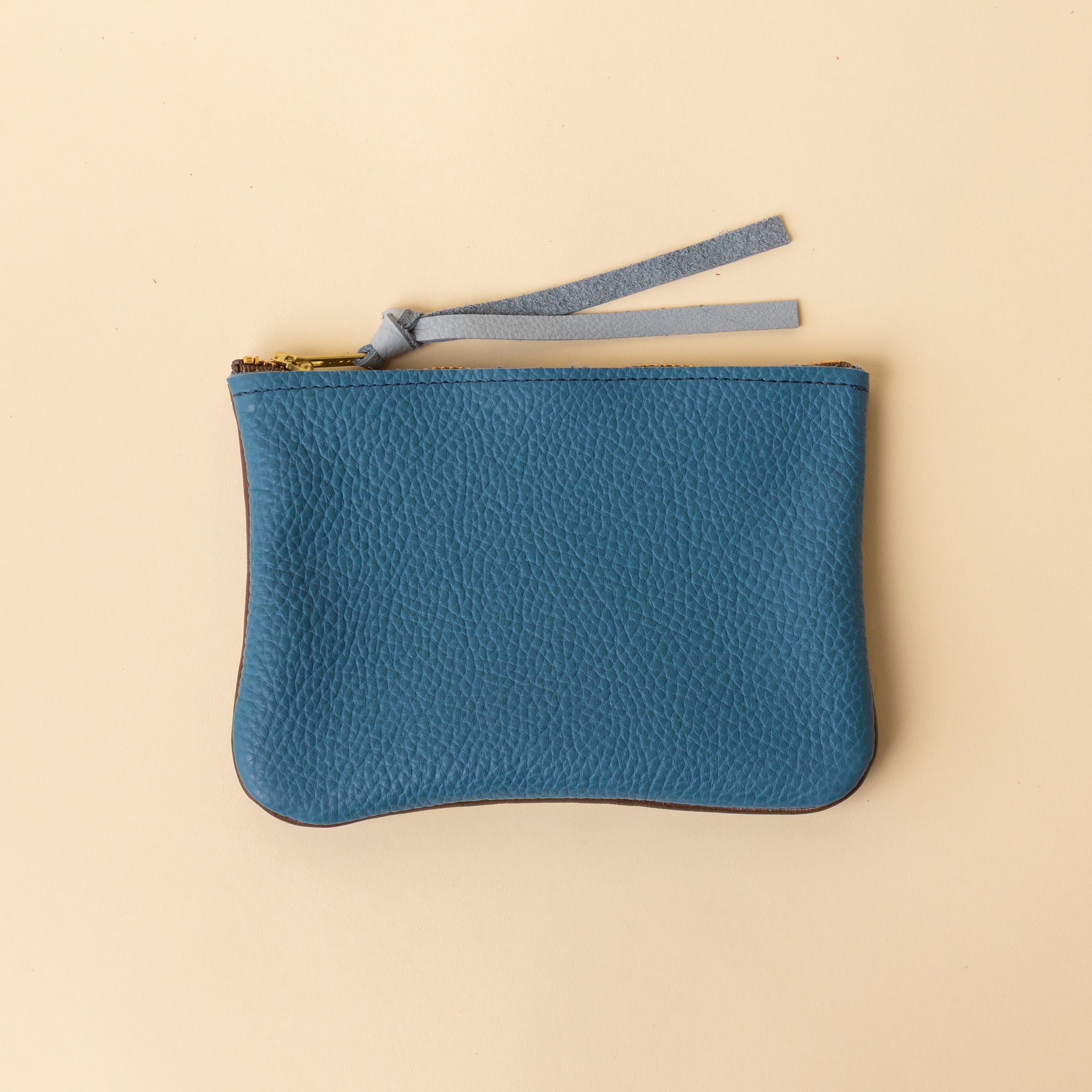 Chocolate Brown and Sky Blue Leather Zip Everyday Pouch