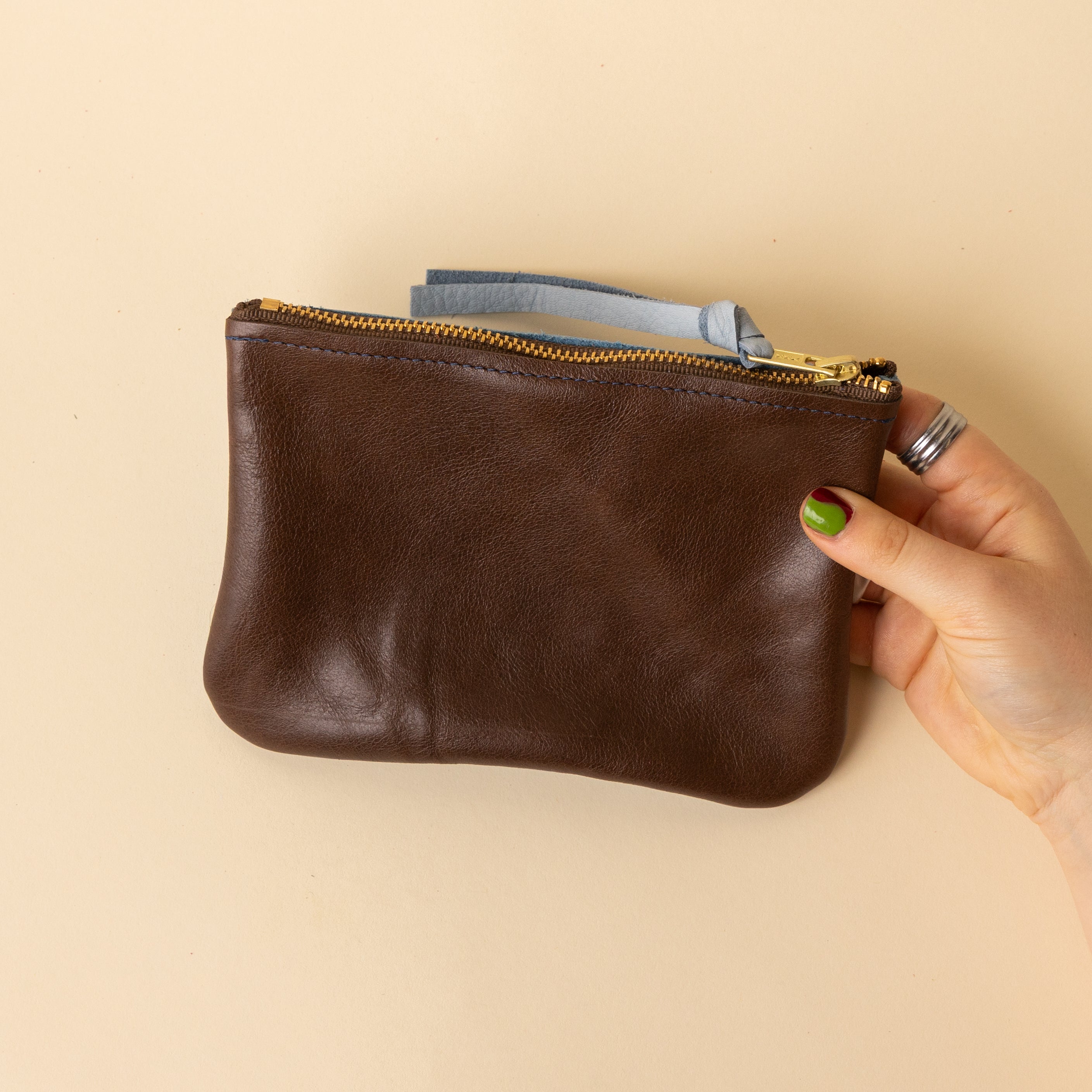 Chocolate Brown and Sky Blue Leather Zip Everyday Pouch