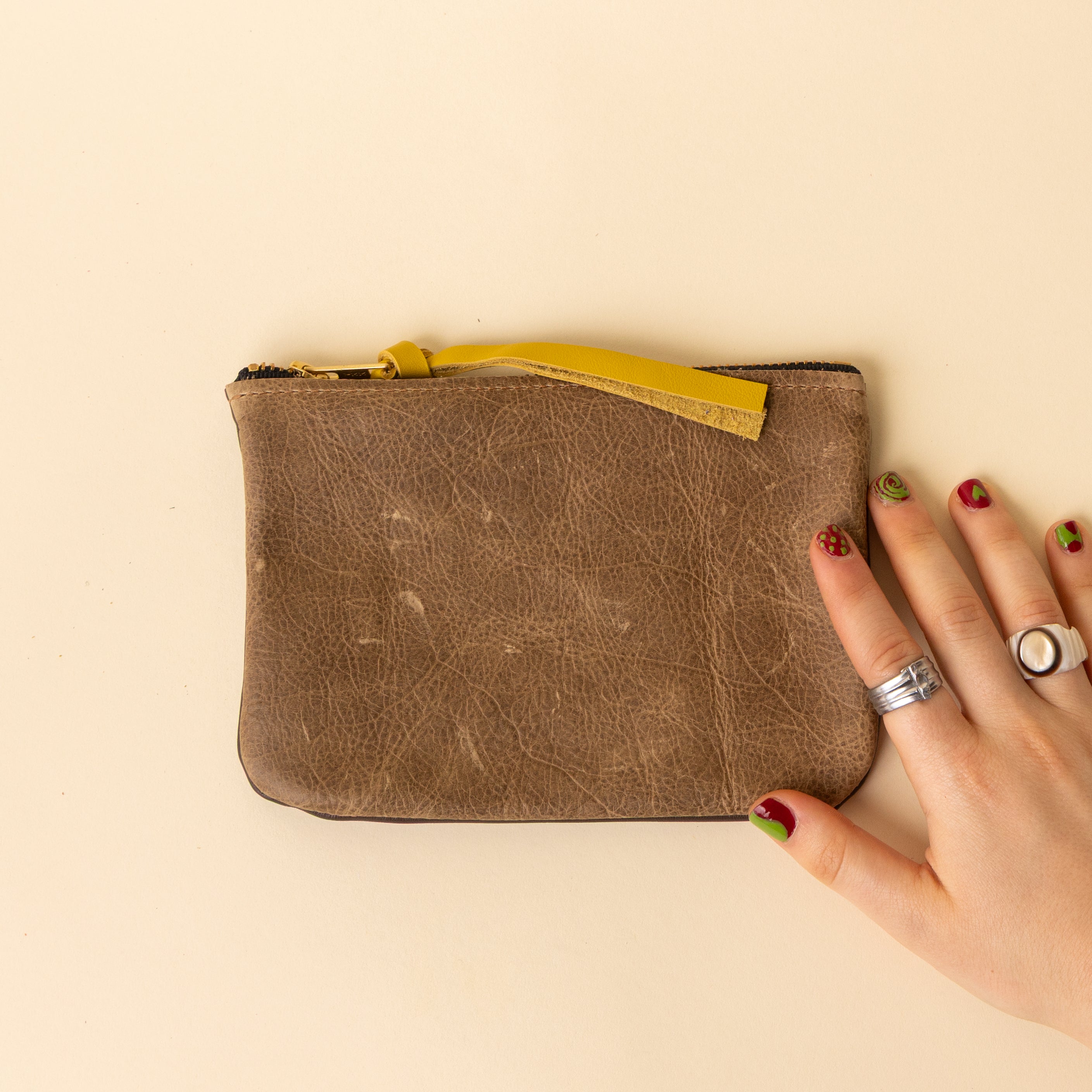 Olive Brown and Espresso Brown Leather Zip Everyday Pouch