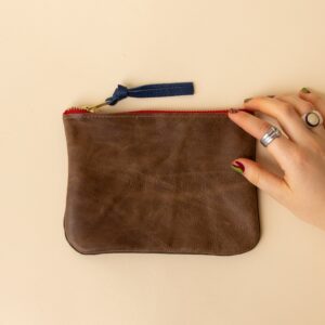 Brown and Soft Grey Leather Zip Everyday Pouch