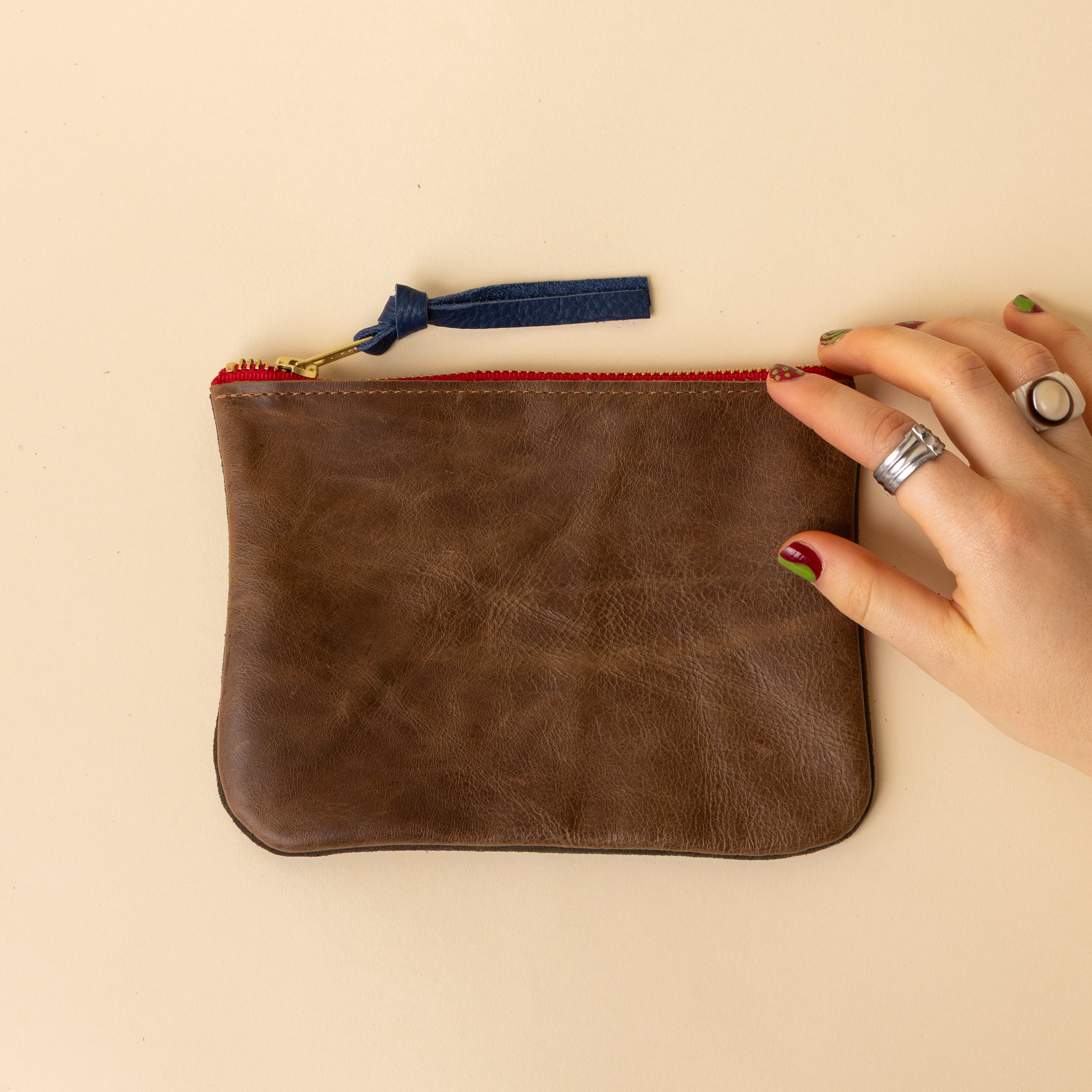 Brown and Soft Grey Leather Zip Everyday Pouch