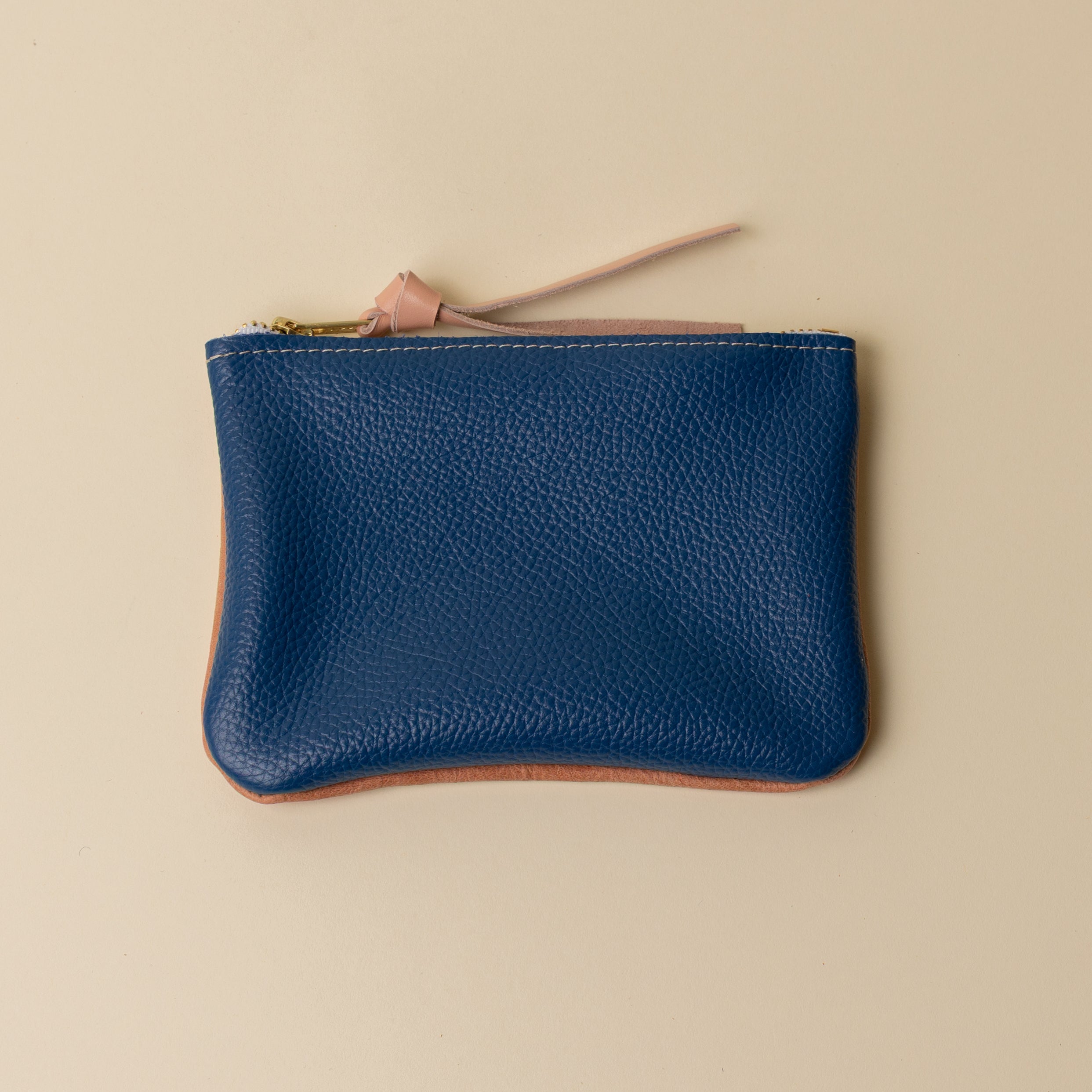Soft Peach and Cobalt Blue Leather Zip Everyday Pouch