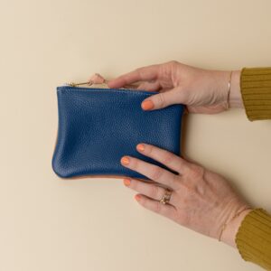 Soft Peach and Cobalt Blue Leather Zip Everyday Pouch
