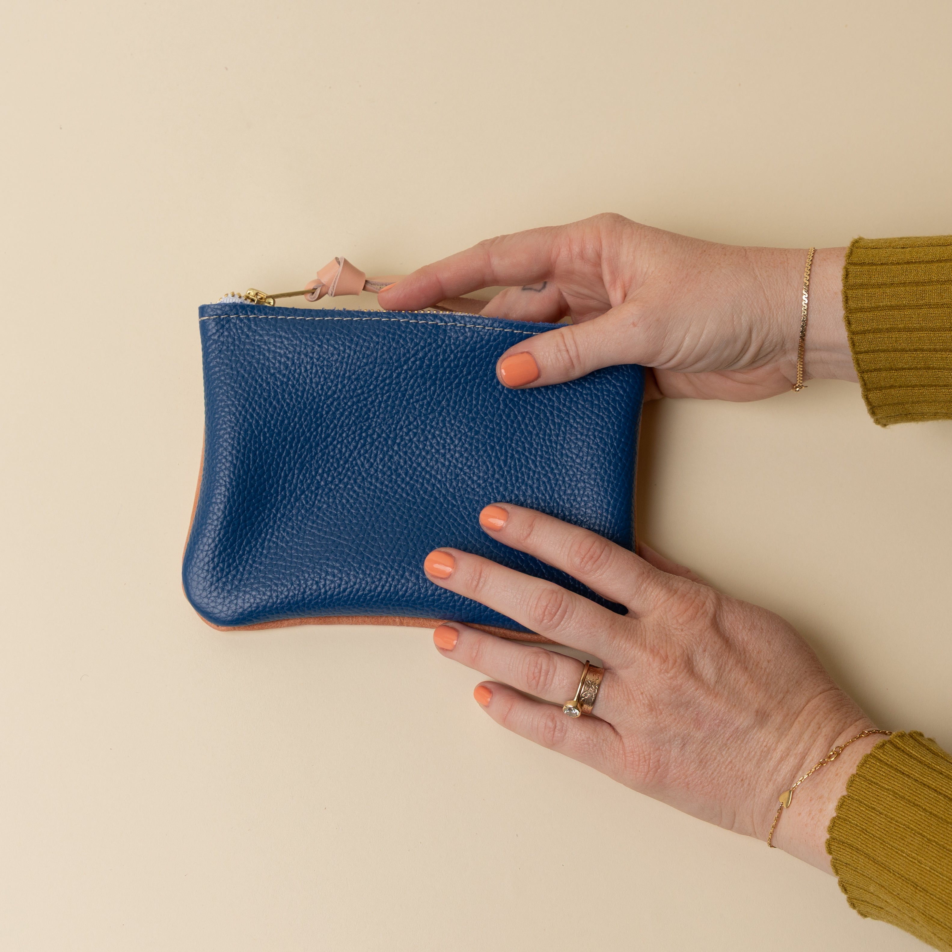 Soft Peach and Cobalt Blue Leather Zip Everyday Pouch