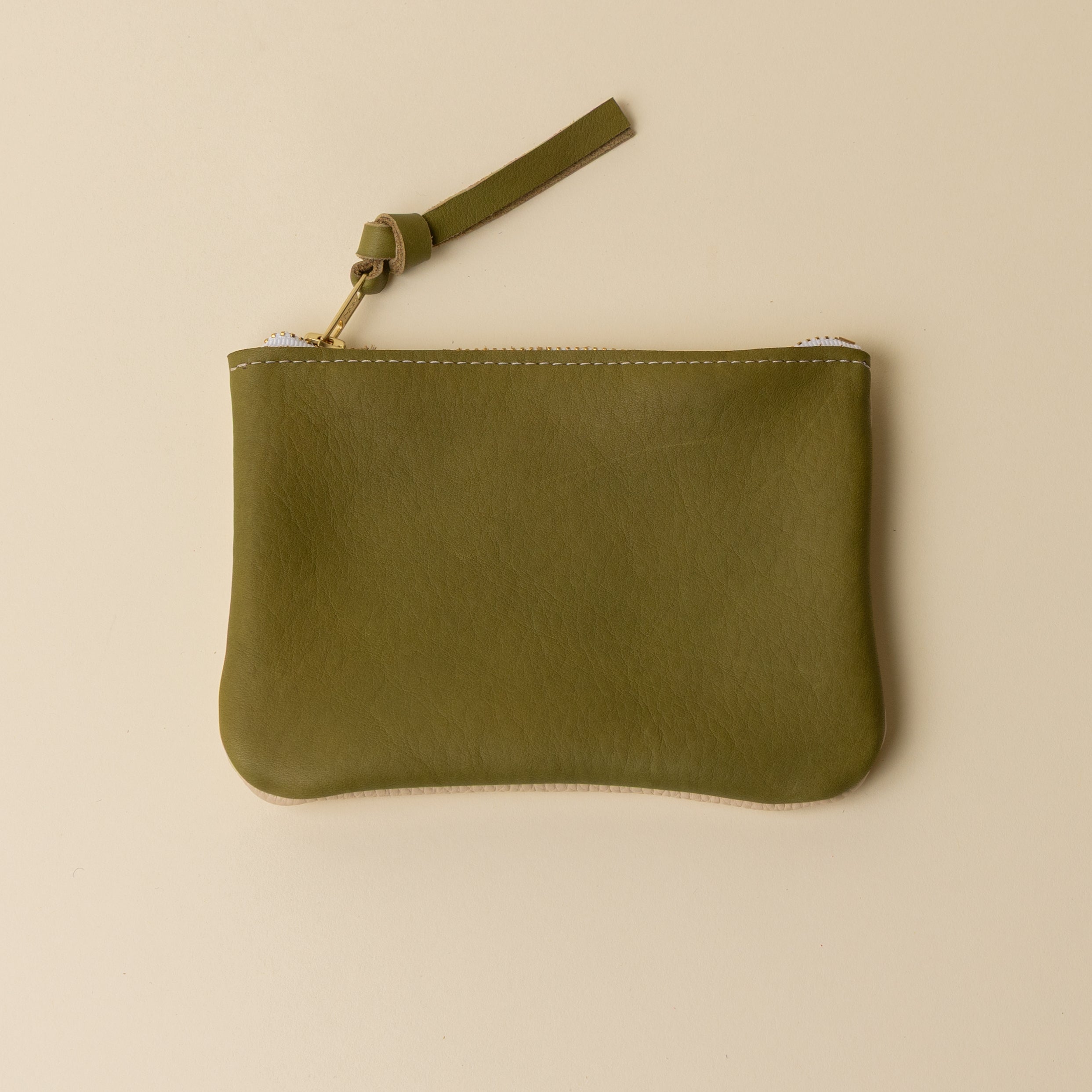 Herbal Green and Cream Leather Zip Everyday Pouch