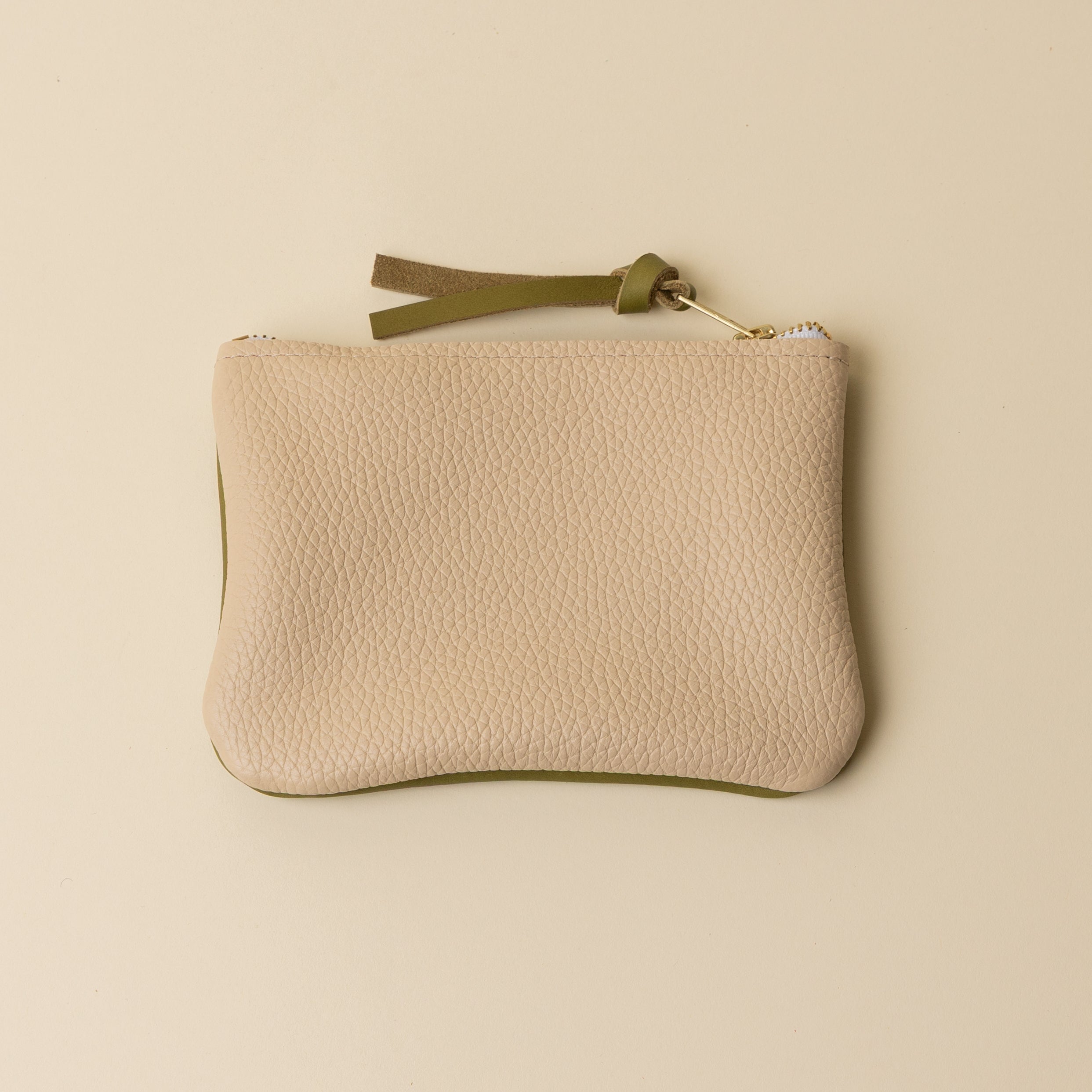 Herbal Green and Cream Leather Zip Everyday Pouch