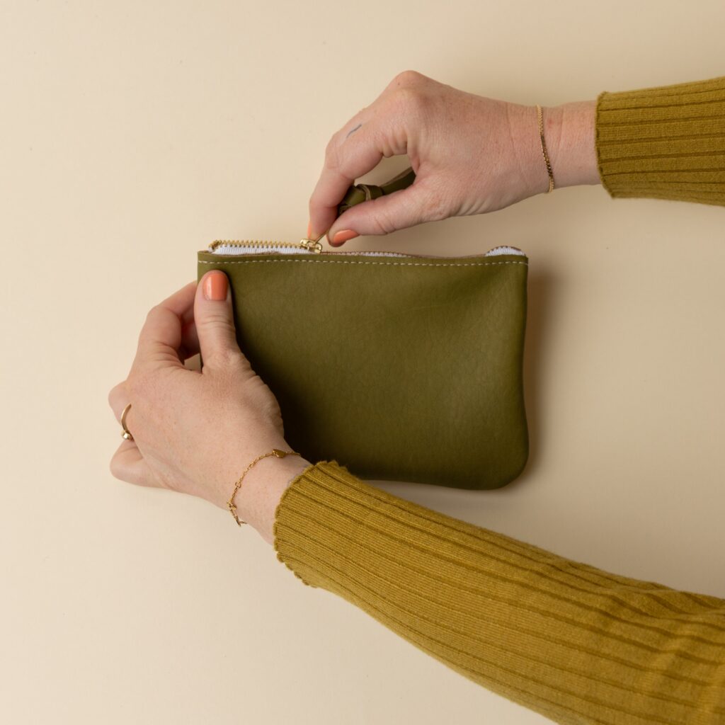 Herbal Green and Cream Leather Zip Everyday Pouch