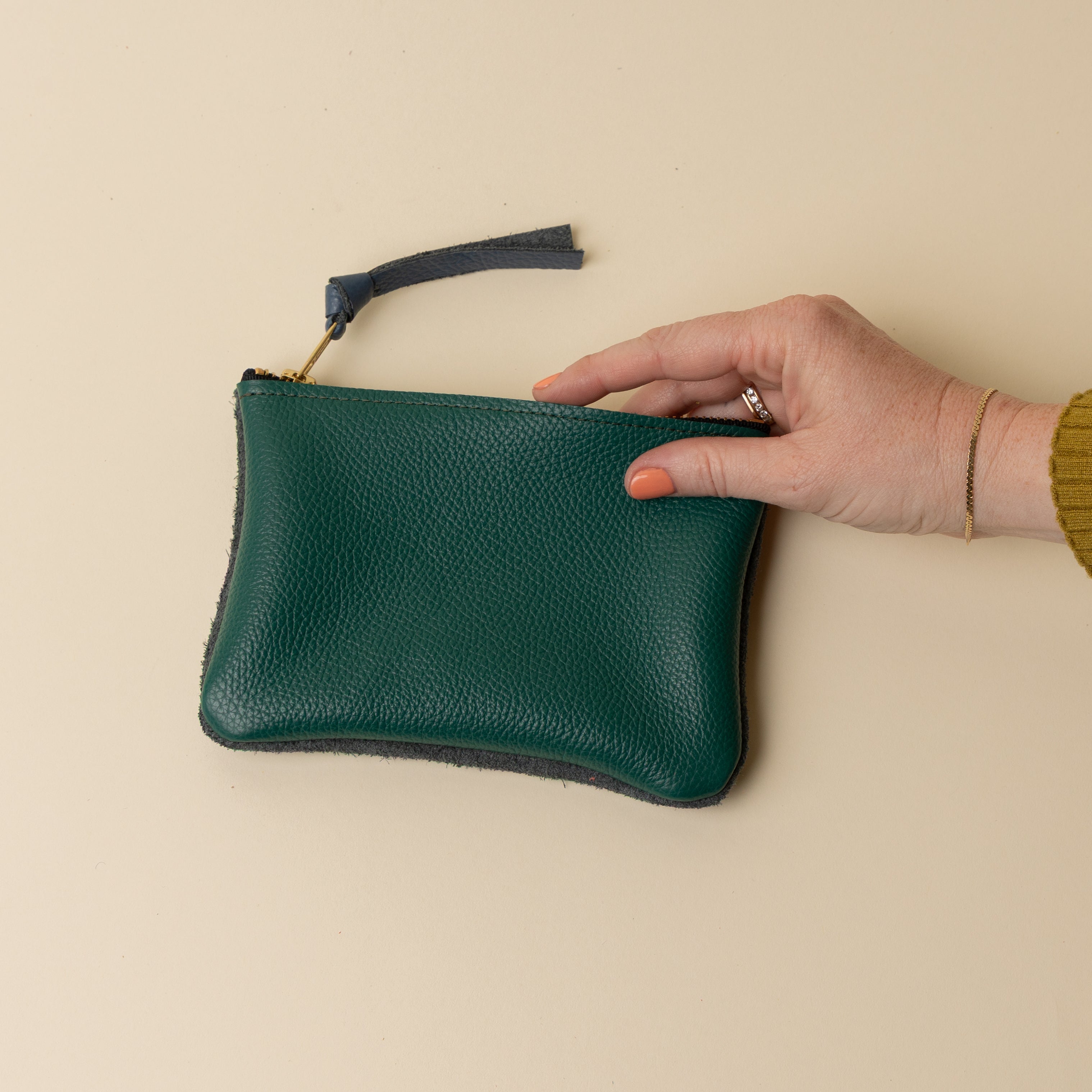 Emerald Green and Dusty Blue Leather Zip Everyday Pouch