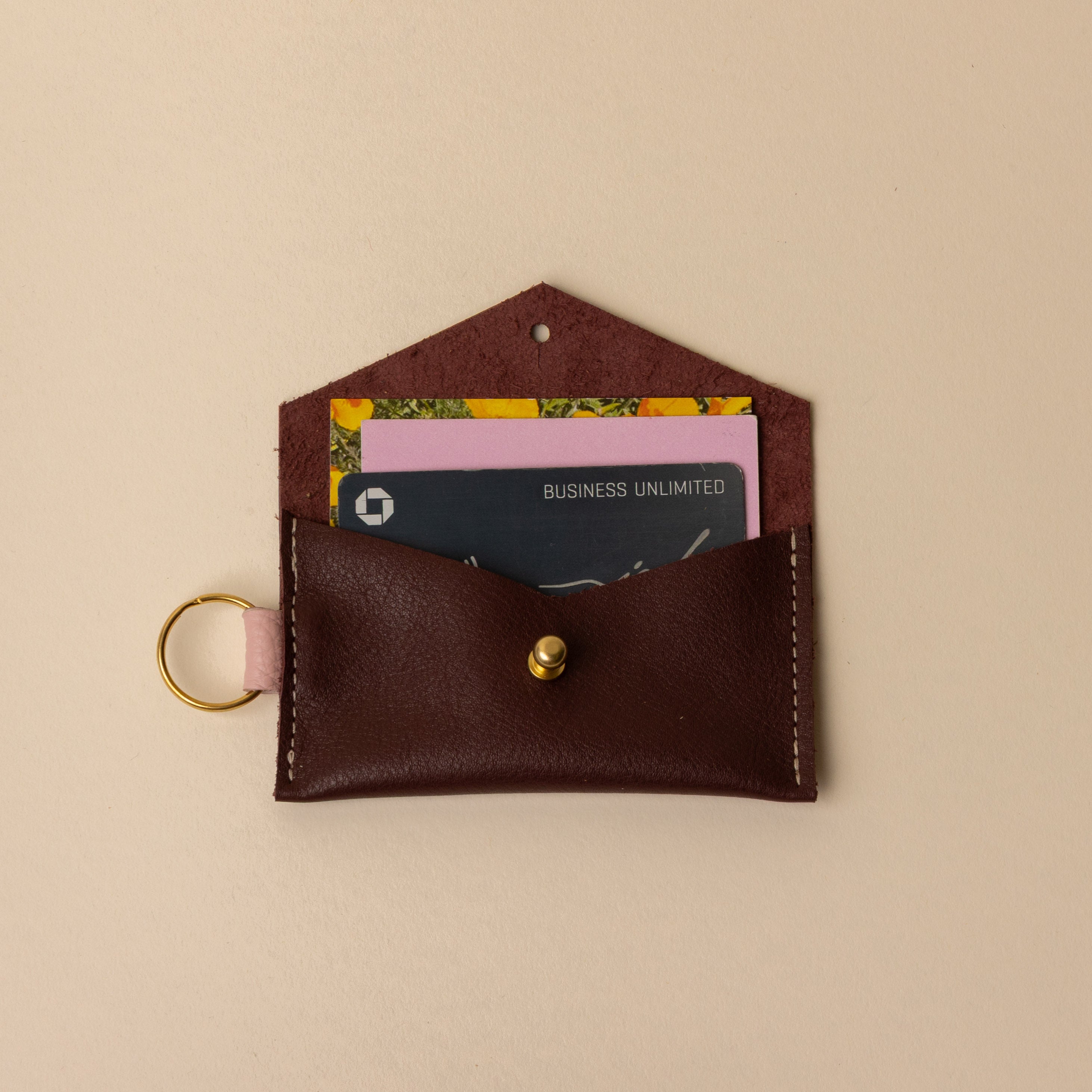 Burgundy and Pink Leather Keyring Card Holder
