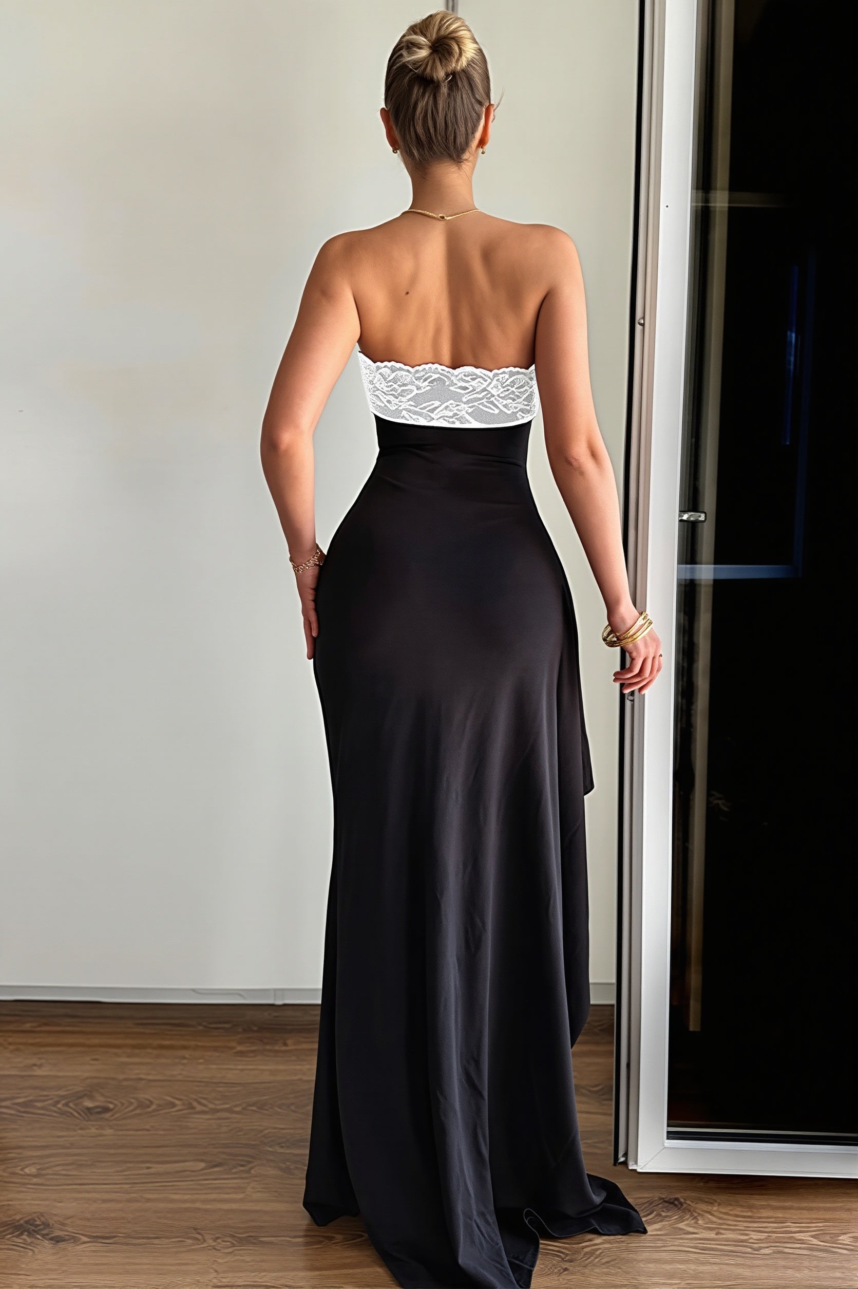 Radiant Lace Trim Strapless Bodycon Slit Maxi Dress - Image 4