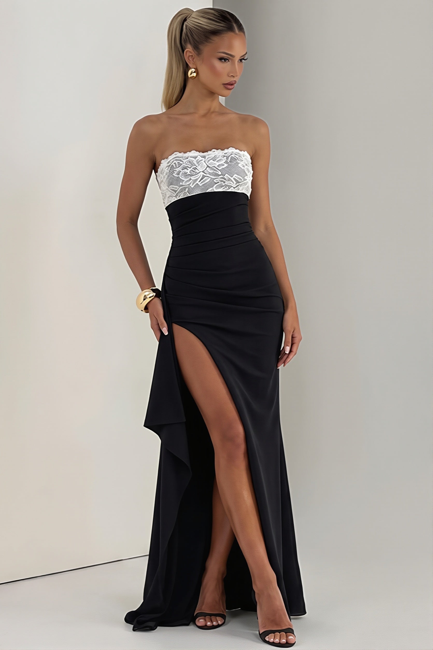 Radiant Lace Trim Strapless Bodycon Slit Maxi Dress - Image 3